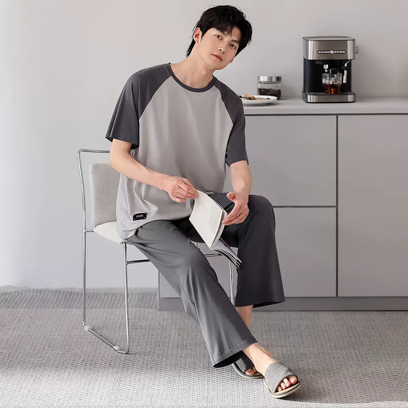 夏季薄款男士睡衣宽松莫代尔凉感棉短袖长裤可外穿家居服套装批发