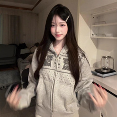 新款美式街头开衫连帽卫衣女秋季宽松百搭拉链帽衫慵懒风外套上衣