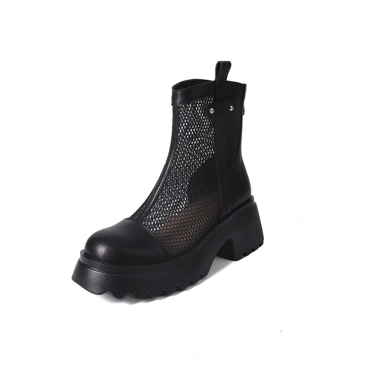 Boot nữ cổ cao đế dày gót bánh xốp da bò lưới thoáng khí xuân hè 2024 — Màu đen, Màu trắng be chi tiết 111