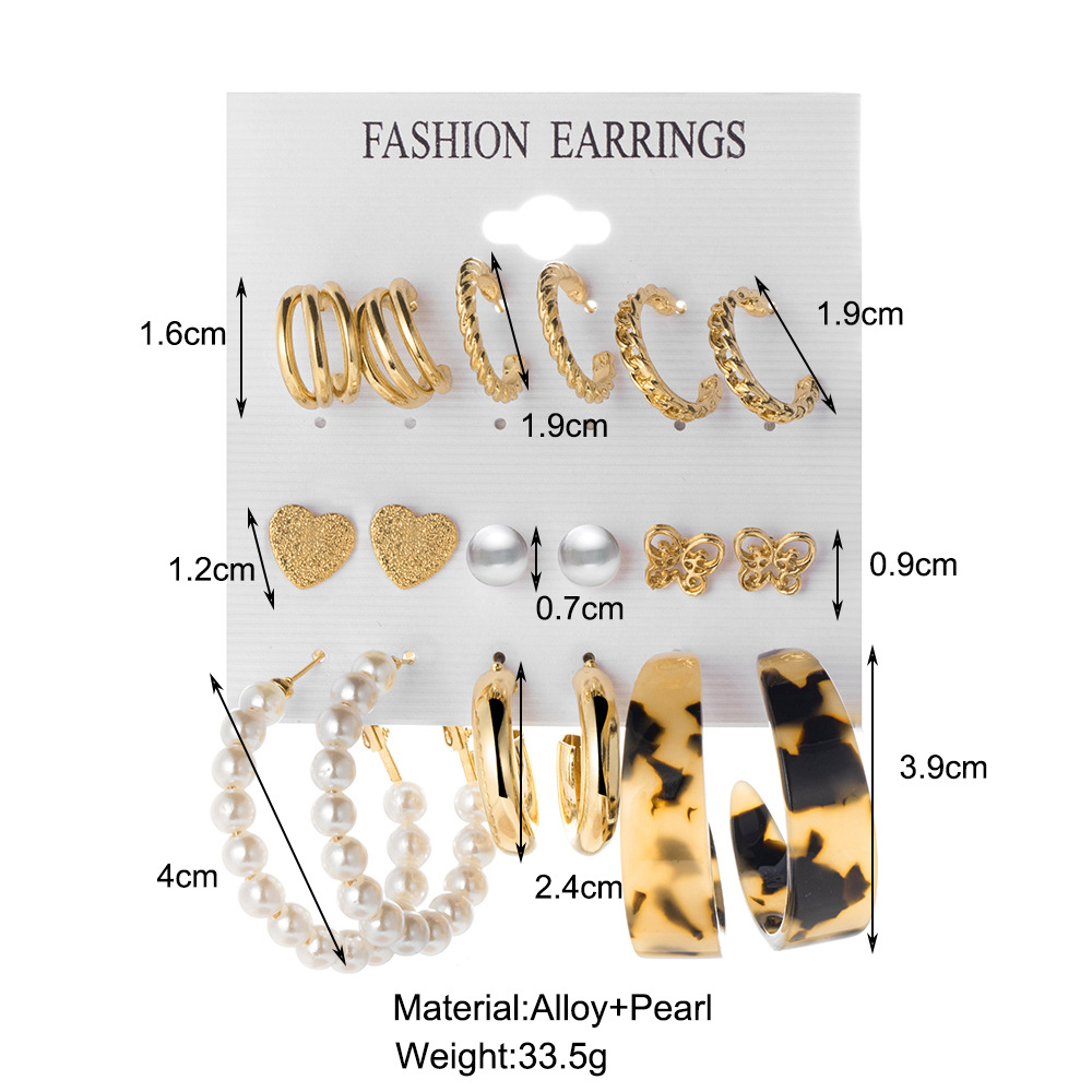 Fashion Gold Alloy Heart Butterfly Pearl Geometric Earring Set