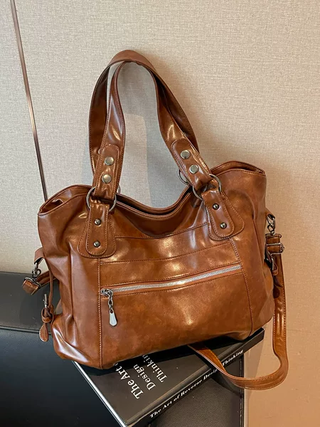 Cross-Border Tote Bag, European and American Retro Style, Solid Color Pu, Large Capacity Shoulder Bag, Soft Leather, Casual Texture, Versatile Commuter Bag