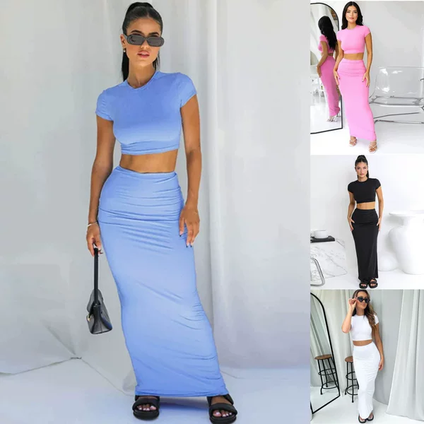 Large Quantities in Stock: European and American Spring/Summer Cross-Border Women's Short Crop Top T-Shirt and High-Waisted Bodycon Skirt Casual Set