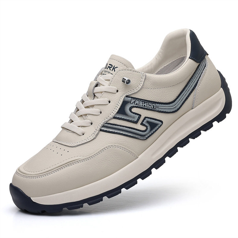 Giày sneaker nam da bò lớp đầu, kiểu Forrest Gump, da thật mỏng nhẹ thoáng khí, đế xốp, cổ thấp — Hạnh nhân trắng, Trắng xanh
