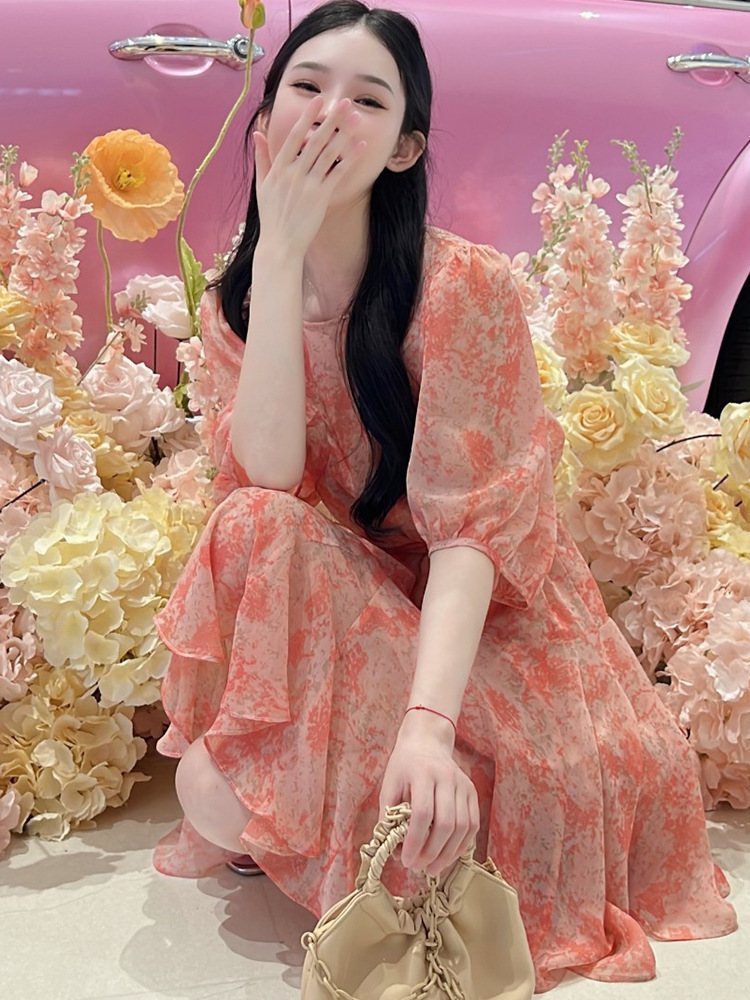 Váy hoa maxi nữ chất liệu chiffon tay ngắn thắt eo — Màu hồng chi tiết 1