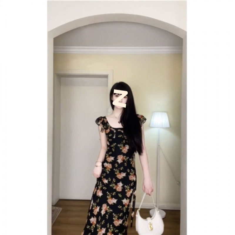 夏フレンチフレッシュスリムフィットドレス婦人服2025新しい気質海辺休暇花柄ロングスカート|undefined