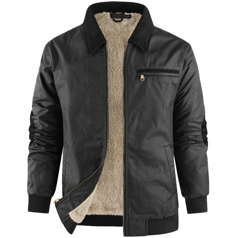 Men's Pure Cotton Lapel Oil Wax Duck Canvas Jacket with Fleece Lining, Water-Resistant Zipper, Detroit Export Jacket