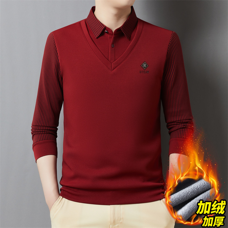 男士Polo衫加绒加厚秋冬新款时尚休闲保暖翻领假两件条纹长袖上衣|undefined