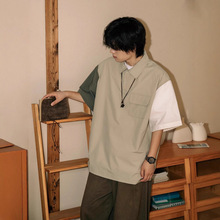 夏季日系复古拼接撞色半袖Polo衫青少年宽松衬衣领工装短袖t恤男