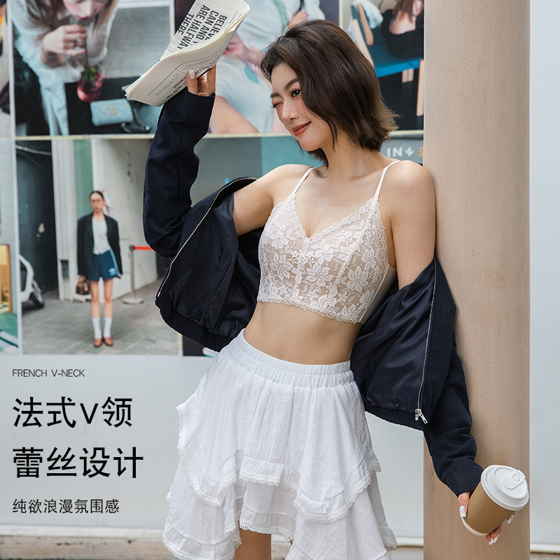 新款三角薄杯纯欲蕾丝美背 舒适聚拢一字后背无钢圈调整型文胸|undefined