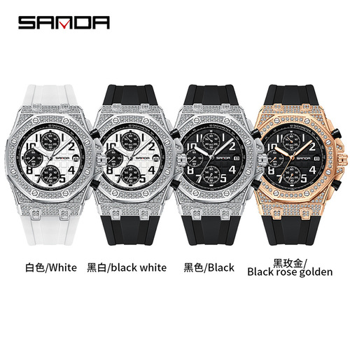 Sanda New Model 7026 Men's Diamond Dial with Calendar Three Eyes and Six Needles Men's Creative Silicone Watch Wholesale