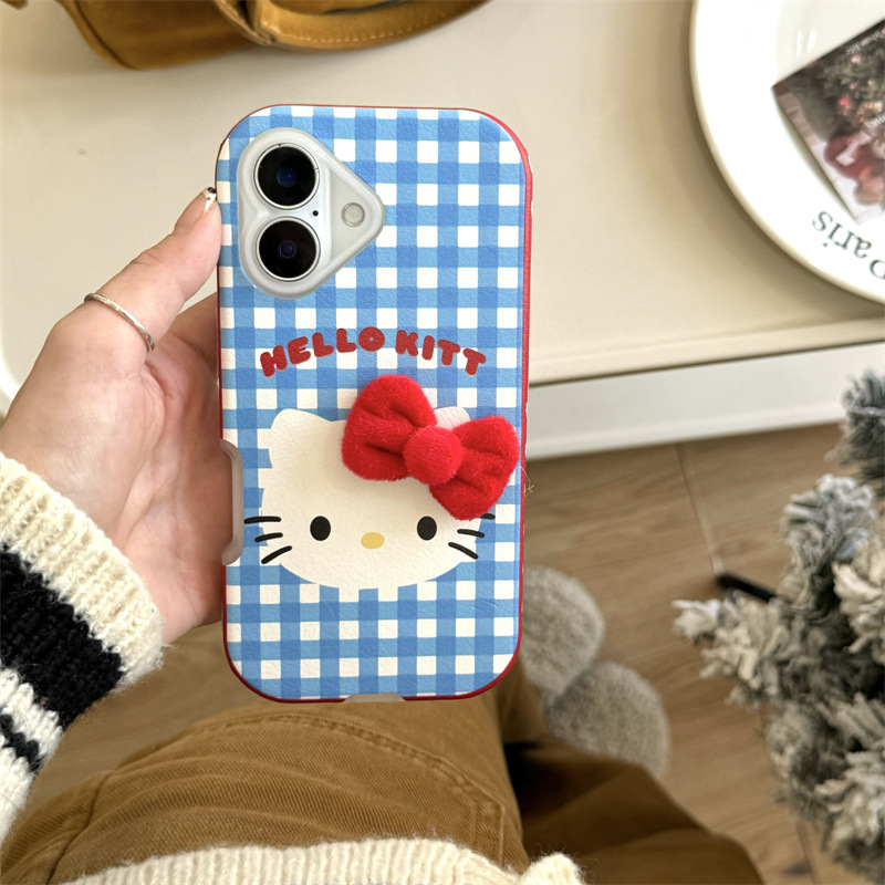 Gato kt a cuadros azul coreano de nicho para Apple 15pro/16pro Fun 14 Bowknot 13p girl