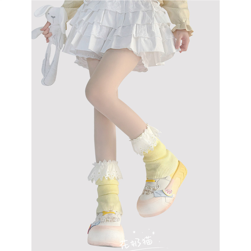 ロリータレースカーフソックス和風かわいいミッドカーフソックスカスタードホワイト春夏薄手パイルソックス|undefined