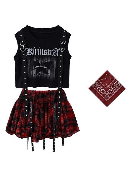605 female black ribbon vest + Q01 red plaid ribbon skirt + burgundy square scarf