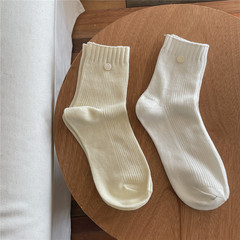 韓系貝母襪秋季紐扣襪子女棉堆堆襪白色ins潮灰色中筒咖色豎條襪
