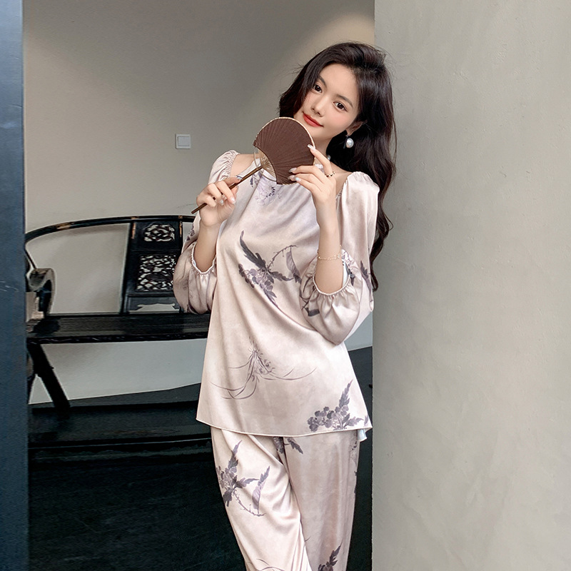 耀婷春夏新款缎面雪纺睡衣女士春夏奢华丝绸国风长袖长裤套装3179
