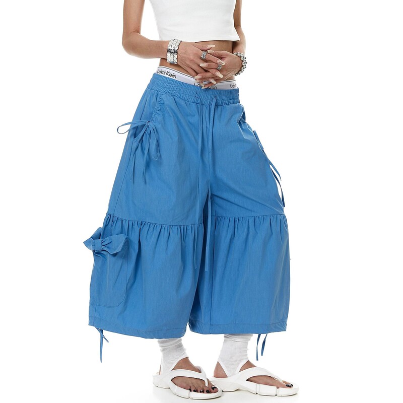 American Retro Drawstring Pleated Large Pocket Cargo Shorts for Women, Summer New Loose Lantern Shorts Trendy