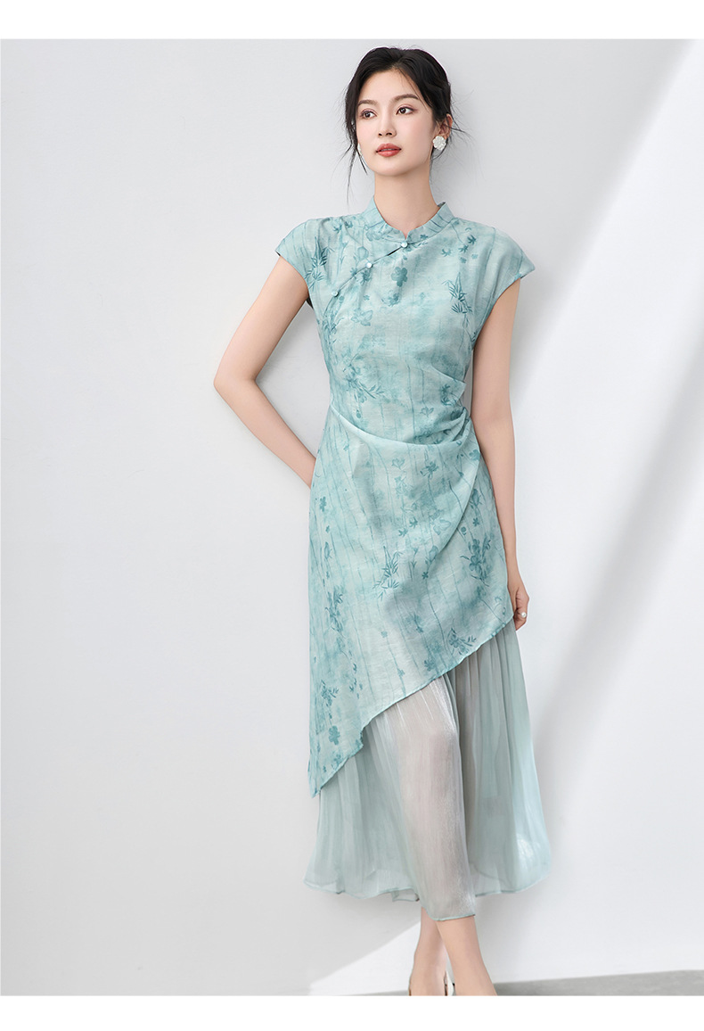 Đầm sườn xám maxi giả hai mảnh họa tiết hoa văn tối màu xếp li bóng gạc — Màu hồng chi tiết 9