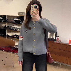 欧货时尚拼色条纹羊绒毛衣外套女2025韩版开衫刺绣休闲针织衫上衣