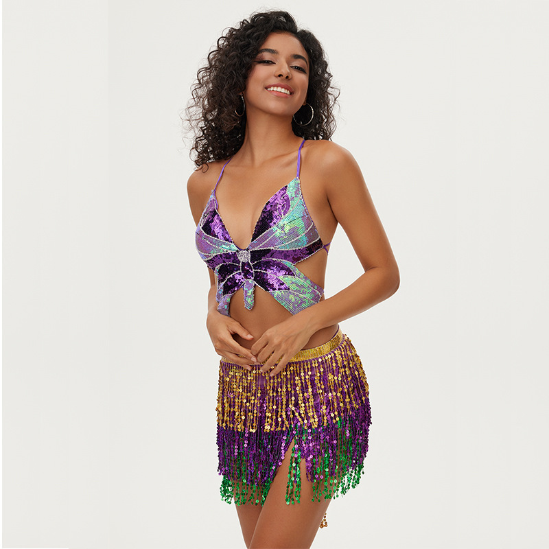 万圣节亚马逊爆款亮片蝴蝶文胸流苏裙子套装肚皮舞舞台性感演出服