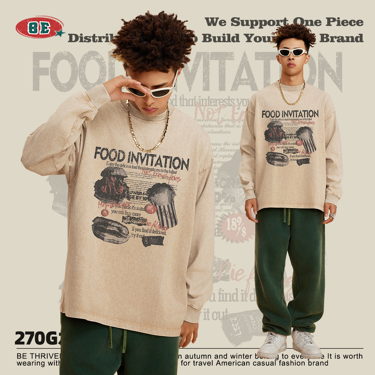Ropa para Hombre BE | Camiseta de manga larga para hombre, estilo americano, holgada, de algodón puro, con estampado retro de tinta blanca, a la moda, otoño 2025