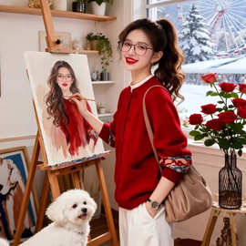 独特别致新中式国风红色针织开衫女2026秋冬新款超好看慵懒风外套