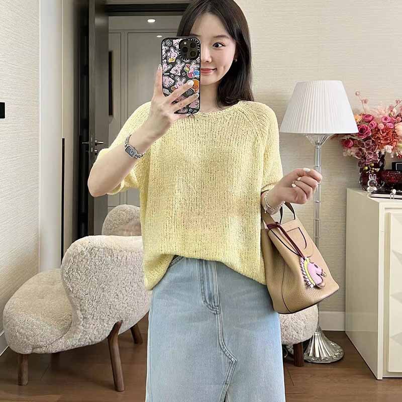 Hong Kong and American Clothing/Italian Fancy Yarn Transparent Texture Knit Top Women's Spring and Summer Loose Pullover T-Shirt
