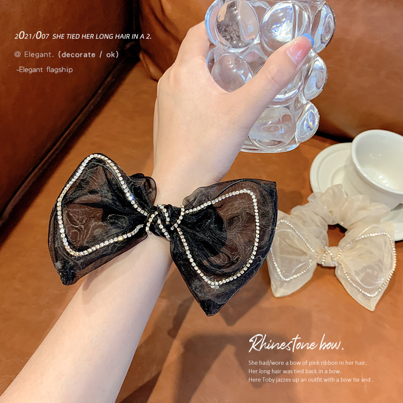 Diamante de malla de arco de arco anillo de cabello cuerdas de cabeza 2021 nuevo temperamento francés anillo de cabello cuerdas de cabello de cabello de flores