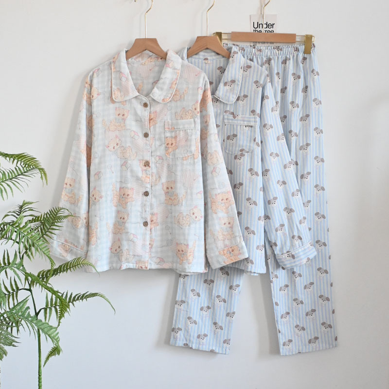 [Customized] Pure Cotton Gauze Pajamas for Women, Spring and Summer Thin Double-Layer Cotton Gauze Long-Sleeved Long Pants Home Wear, Lazy Style