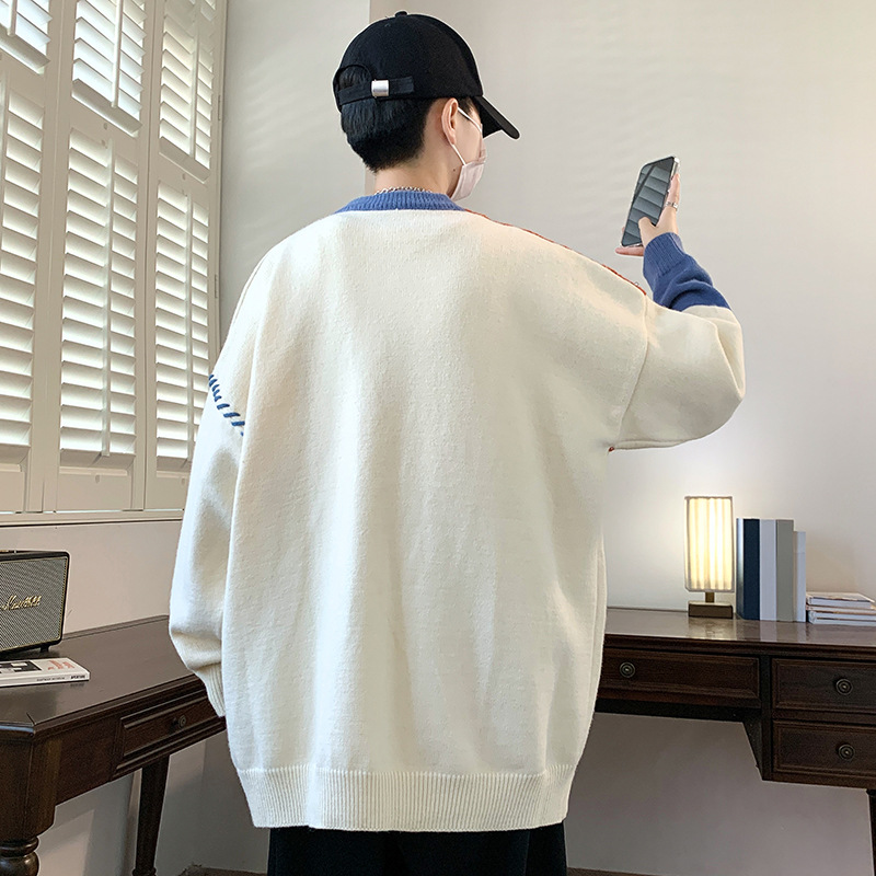 Anyang contraste color cuello redondo suéter hombres Otoño e Invierno nueva marca de moda suéter perezoso estilo diseño suelta pareja suéter