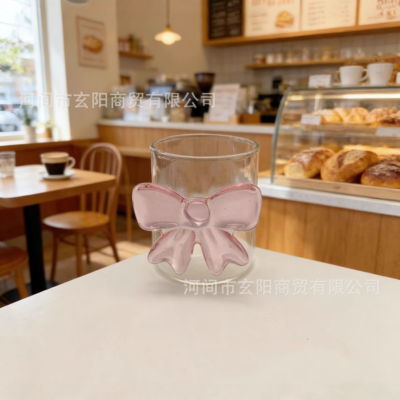 ⇖ High-Looking Bow Series Glass Tableware, High Temperature Resistant Household Cute Pink Milk Juice Coffee Cup