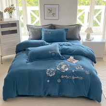 跨境外贸专供绣花牛奶绒四件套刺绣高密加厚保暖床单被套批发