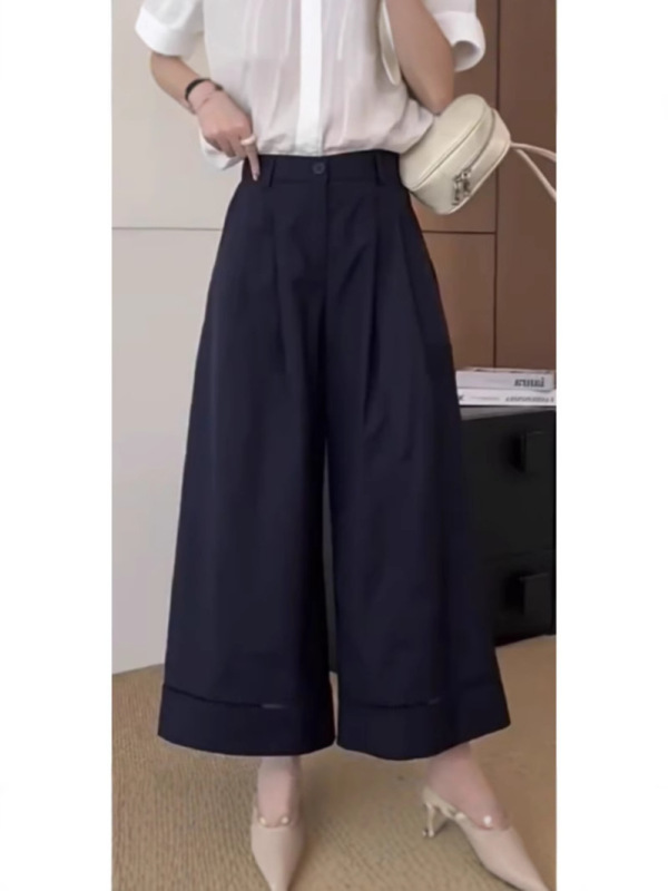 女性用ウォッシュド高品質スプライシングハイウエストワイドレッグパンツ2025夏人気の年齢軽減デザインスリムストレート9点パンツ|undefined