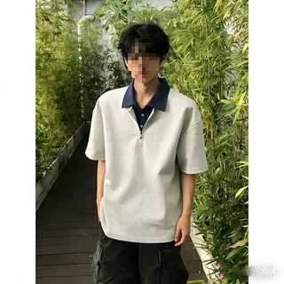 假两件短袖polo衫男款夏季少年感重磅正肩五分袖感衬衫领t恤
