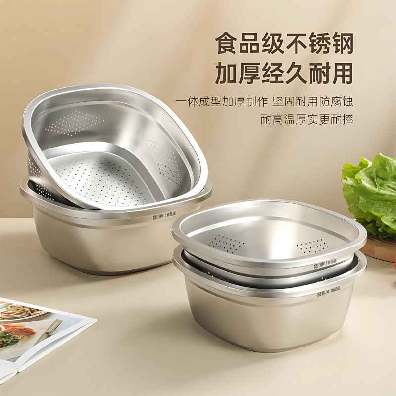 不锈钢盆方盆洗菜盆沥水篮淘米过滤网筛洗米筛洗水果滤水篮漏盆子|undefined