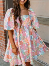 S 12316 Floral Print Square Neck Dress ����ӡ������ȹ ר