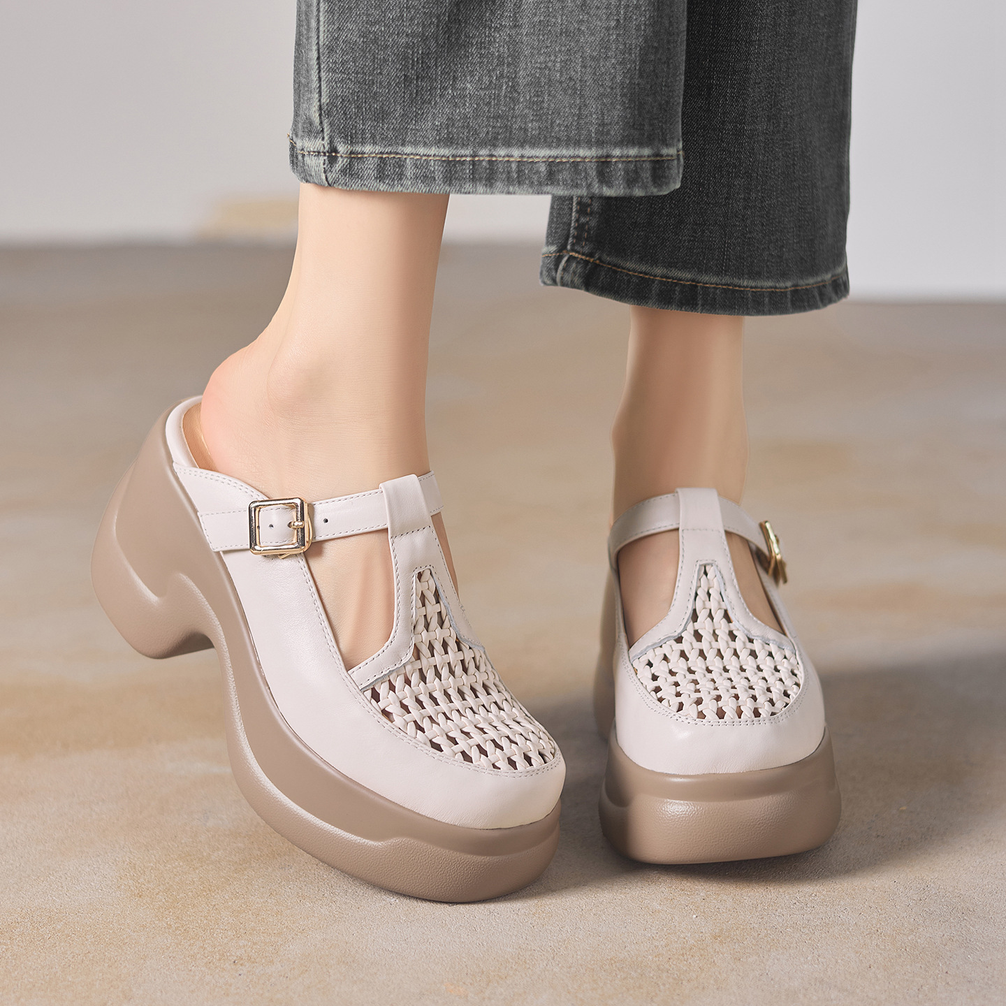 Dép sandal cao gót nữ quai đan gót thô đế dày 9.5 cm — đen