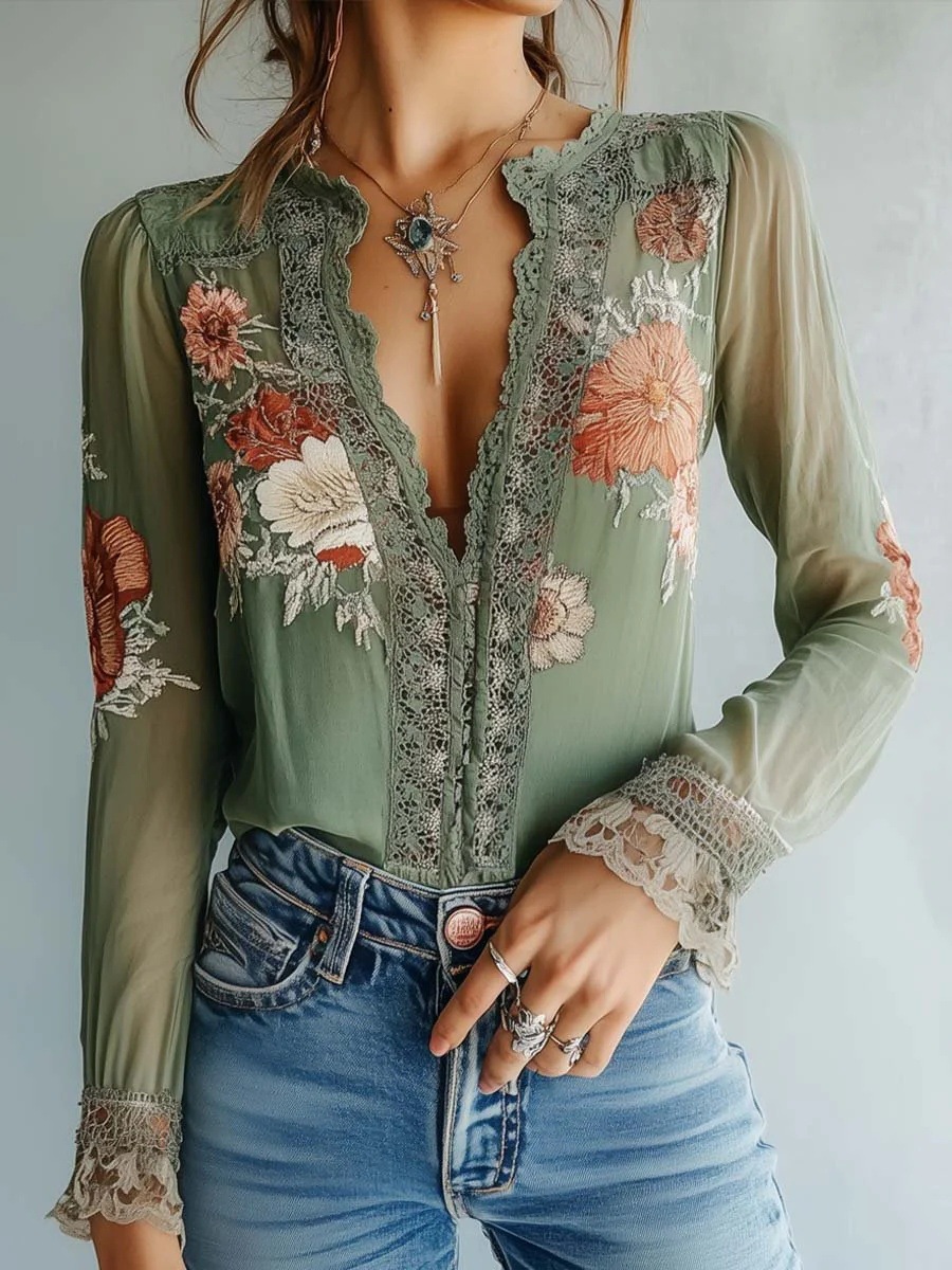 Elegante Damen V-ausschnitt Langarm Bluse Mit Print Für Den Alltag_voghion.com