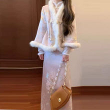 加绒加厚新中式国风套装裙复古外套旗袍连衣裙两件套一整套穿搭冬