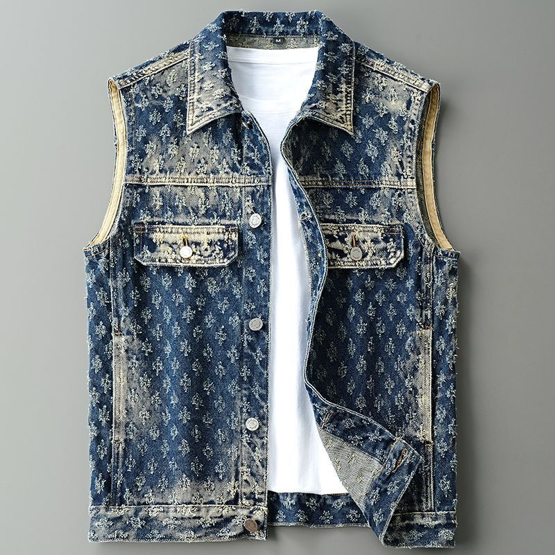 2025 Spring and Autumn American-Style Washed Denim Vest for Men, Trendy Brand, Loose Casual Versatile, Stylish Vintage Sleeveless Jacket