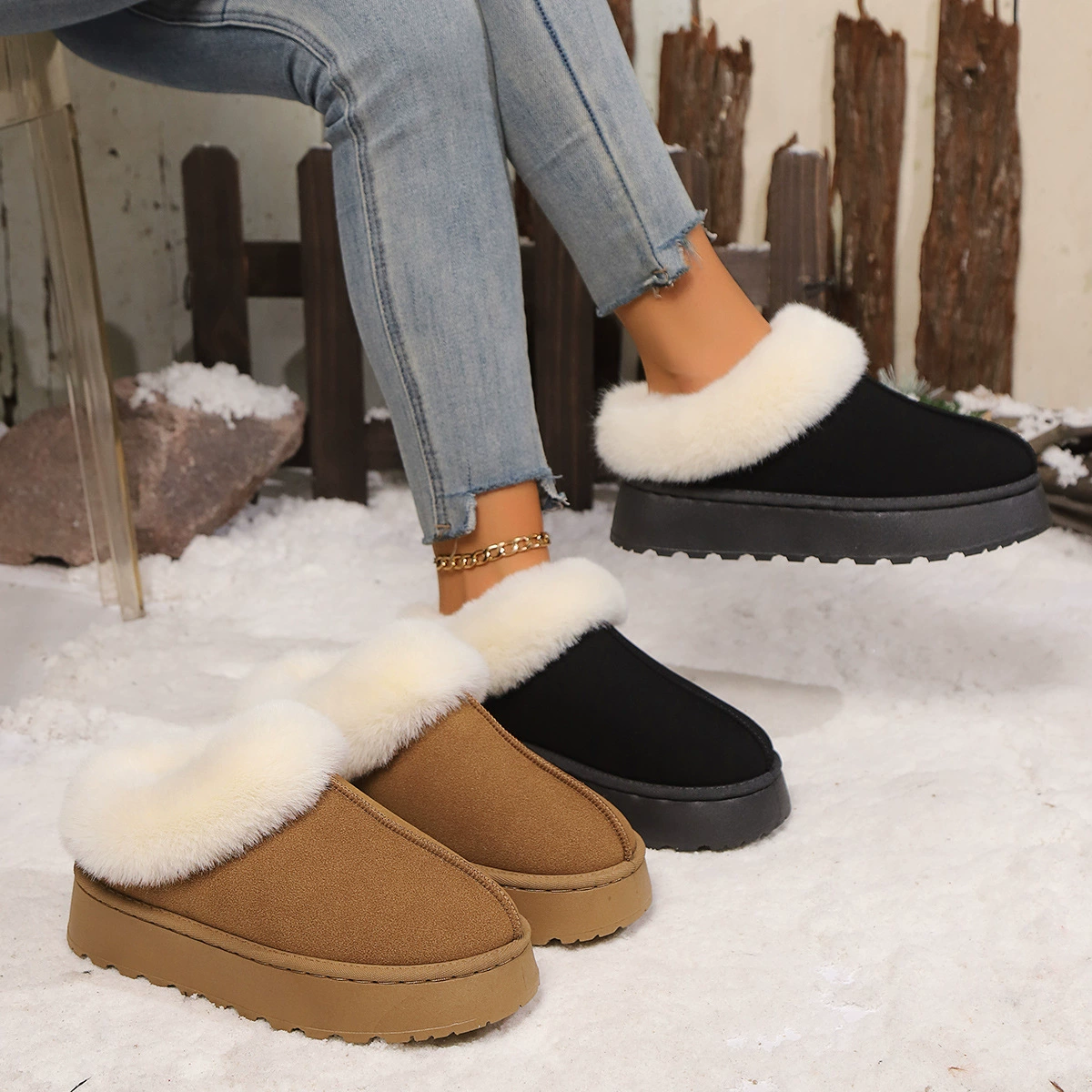 Platform ankle boots, faux‑fur lined warm slip‑on, plus sizes 36–43, black or yellow