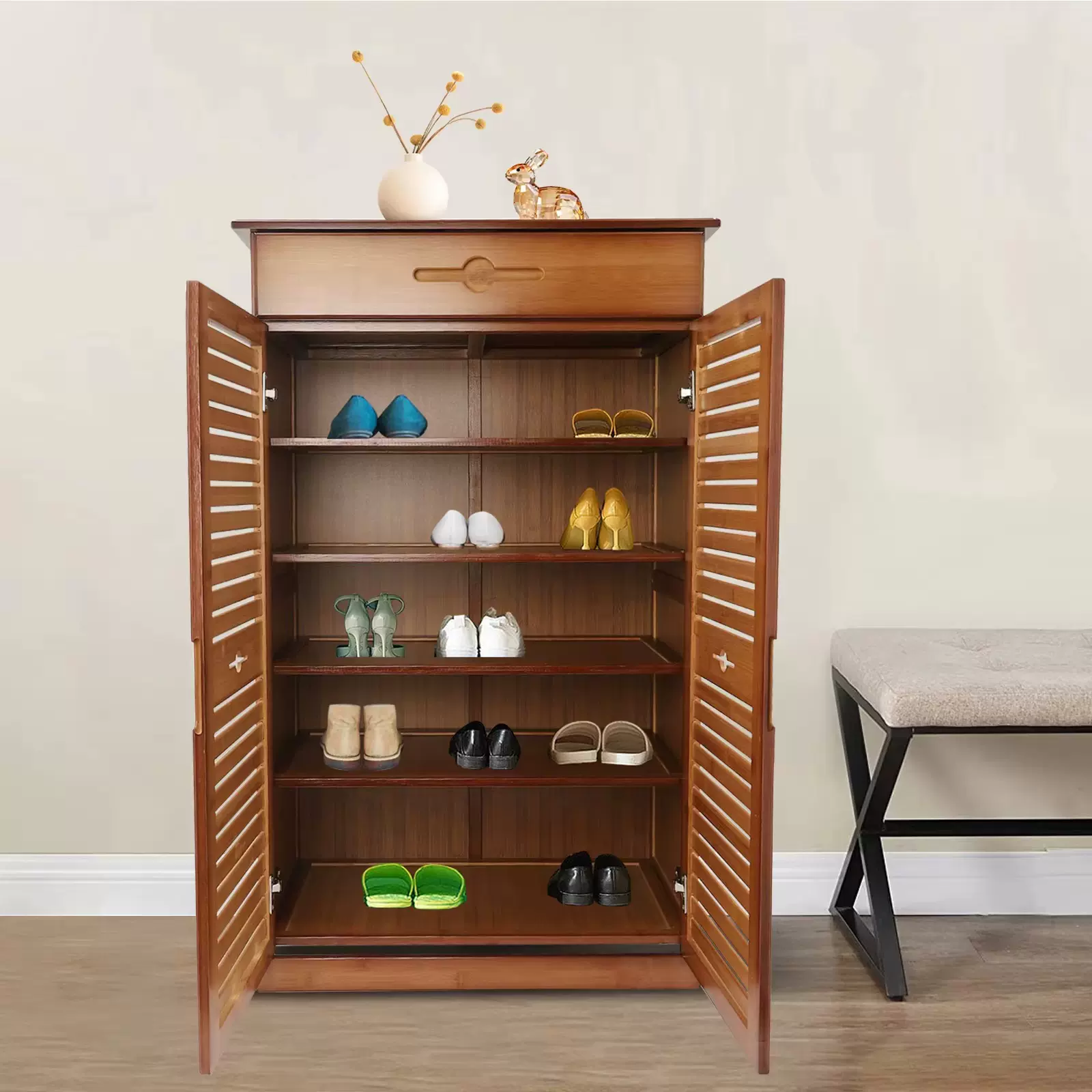 竹制储物柜复古棕色鞋架 5 层鞋柜，带 1 个抽屉和 2 个门，适用