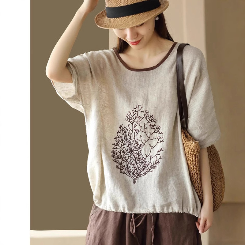 Chinese Style Pullover Color-block Round Neck Loose plus size T-shirt Women's New Artistic Retro Embroidered Cotton and Linen Top for Women