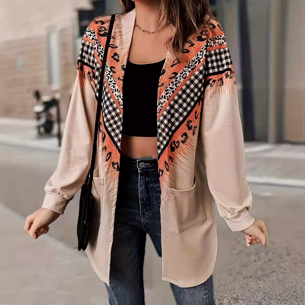 2024 Amazon temu Independent Station осень-зима новый тонкий этнический стиль принт карман большой размер женский кардиган