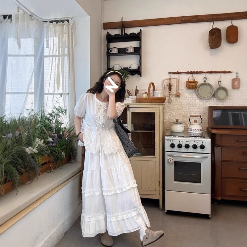 フレンチレースステッチバブル半袖シャツ女性の夏の新しいルーズで甘い年齢を軽減するベビードールシャツショートトップ|undefined