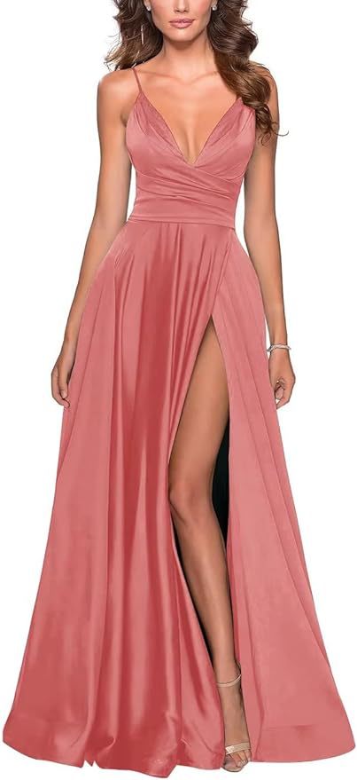 Elegante vestido de fiesta largo con cuello en V dividido, plisado de dama de honor de gasa larga, vestido formal, vestido de noche de satén