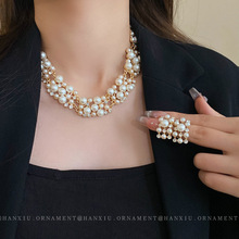 镶钻珍珠几何套装项链法式复古气质锁骨链宫廷时尚新款颈链颈饰女