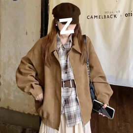 原版做法美式麂皮绒翻领外套女秋冬宽松时尚加厚棕色休闲夹克上衣