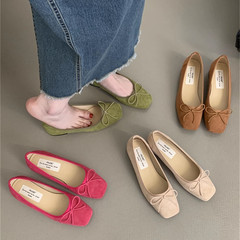 復古晚風蝴蝶結瓢鞋粗跟溫柔單鞋仙女鞋子春夏一腳蹬通勤法式鞋子