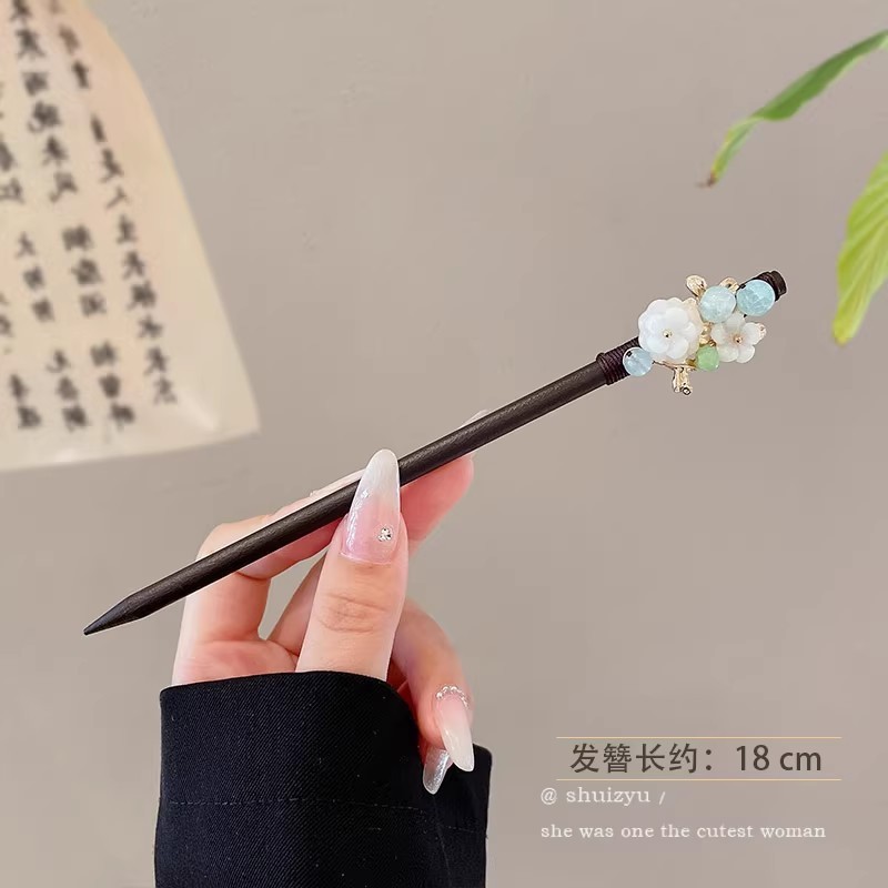 天然黑檀木发簪女清冷感发饰玉兰花步摇簪子古风旗袍头饰日常盘发|undefined