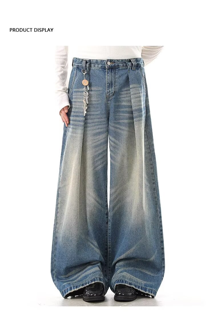 High Waist Wide-Leg Vintage Washed Jeans Cat Whisker Distressing Classic Blue S-3XL Men's Clothing Denim Trousers_mkmklike.com